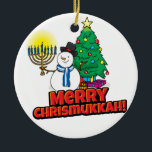 White Round Merry Chrismukkah with Snowman Ceramic Tree Decoration<br><div class="desc">Add these fun interfaith (Hanukkah and Christmas) ornaments to your Chrismukkah celebrations this year. If you celebrate the holidays together, these are a nice touch. This is our design and you won't find it anywhere other than in our store. Chrismukkah is celebrated by people usually in families with both Jewish...</div>