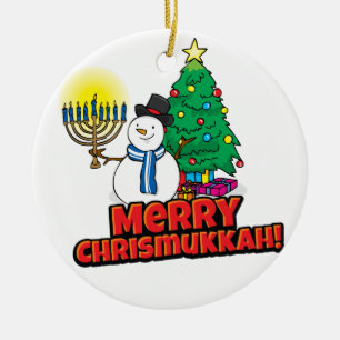 White Round Merry Chrismukkah with Snowman Ceramic Tree Decoration