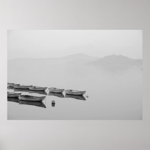 WHITE ROW BOATS INLINE ON BODY OF WATER DURING FOG POSTER