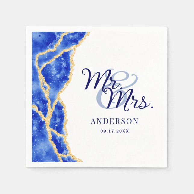 White Royal Blue and Gold Agate Elegant Wedding Napkin (Front)