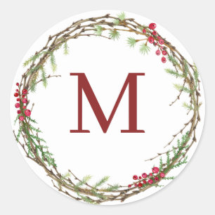 White Rustic Christmas Monogram Classic Round Sticker