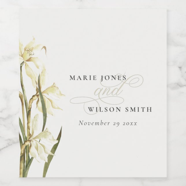 White Rustic Daffodil Floral Watercolor Wedding Wine Label (Single Label)