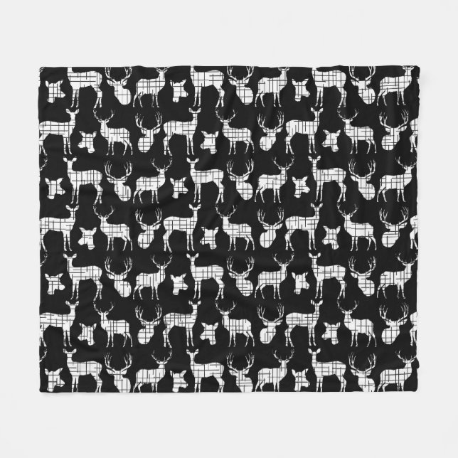 White Rustic Deer on Black Fleece Blanket (Front (Horizontal))