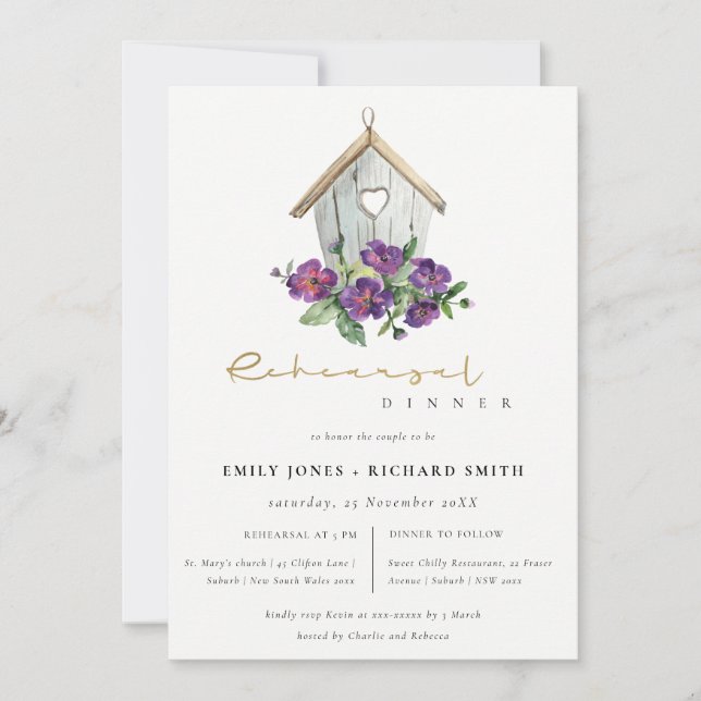WHITE RUSTIC FLORAL BIRDHOUSE REHEARSAL DINNER INVITATION (Front)