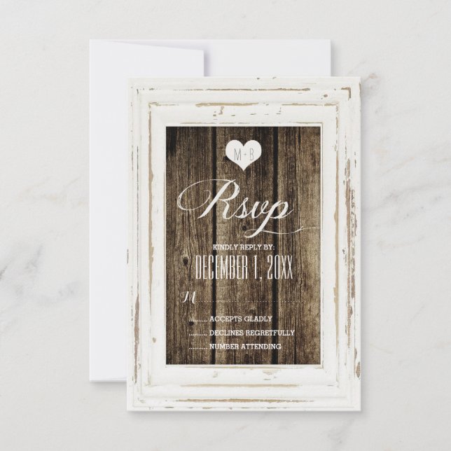 White Rustic Frame Barn Wood Wedding RSVP Card (Front)