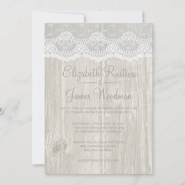 White Rustic Lace & Barn Wood Wedding Invitations (Front)