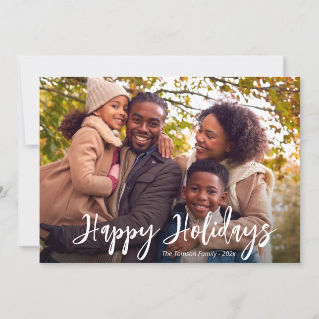 white rustic script photo happy holidays card (Front)