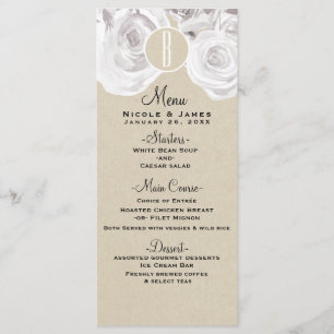 White Rustic Winter Roses Kraft Wedding Menu Card