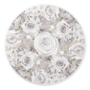 White Rustic Winter Roses Shabby Chic Kraft Ceramic Knob