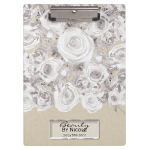 White Rustic Winter Roses Shabby Chic Kraft Clipboard
