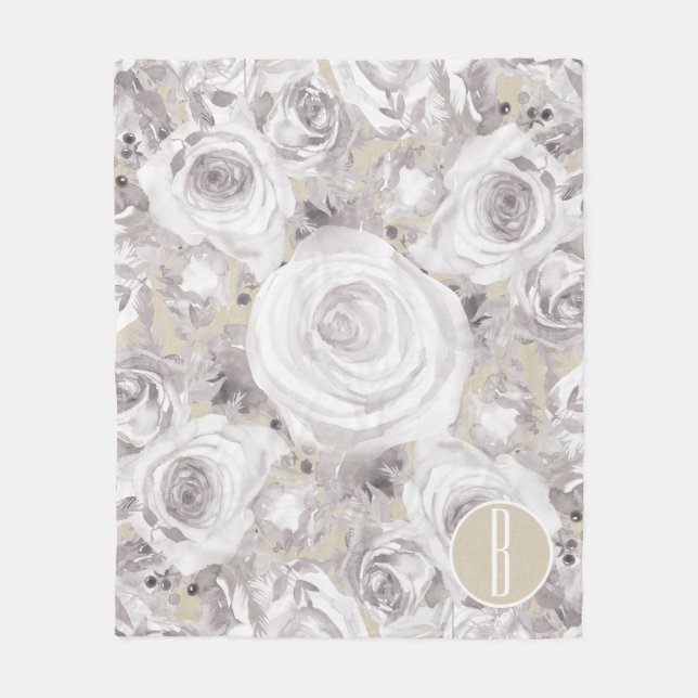 White Rustic Winter Roses Shabby Chic Kraft Fleece Blanket (Front)