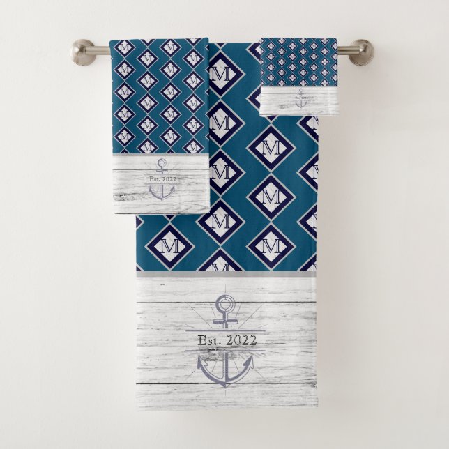 White Rustic Wood Beach House Lake House  Blue Bath Towel Set (Insitu)