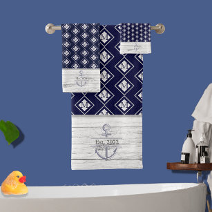 White Rustic Wood Beach House Lake House Navy Blue Bath Towel Set