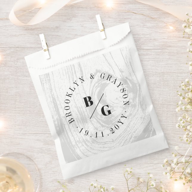 White Rustic Woodgrain Texture Chic Winter Wedding Favour Bags (Clipped)