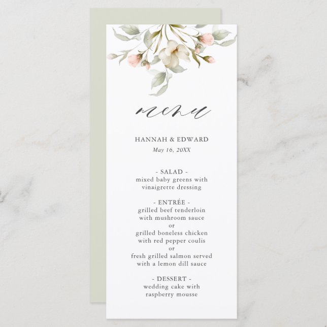 White Sage Blush Elegant Floral Wedding Menu (Front/Back)