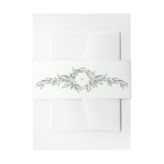 white sage green botanical wreath monogram wedding invitation belly band
