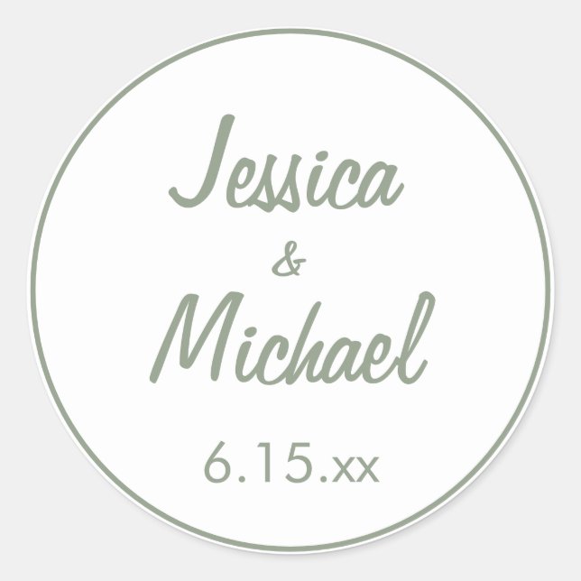 White Sage Green Bride Groom Script Wedding Classic Round Sticker (Front)
