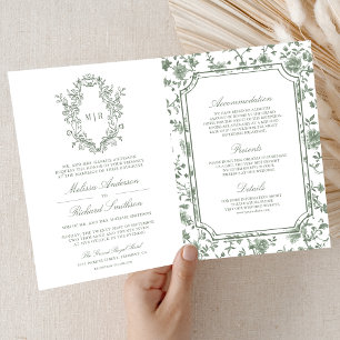 White Sage Green Chinoiserie Crest QR Code Wedding Invitation