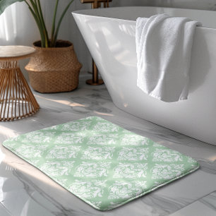 White & Sage Green Floral Damasks Pattern Bath Mat