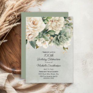 White Sage Green Floral Gold 100th Birthday Invitation