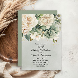 White Sage Green Floral Gold 60th Birthday Invitation