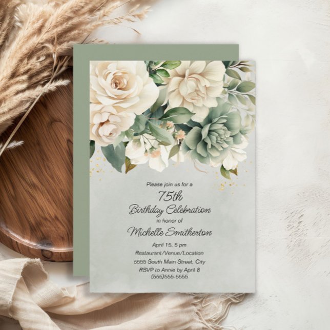 White Sage Green Floral Gold 75th Birthday Invitation (White and sage green floral 75th birthday party invitation)