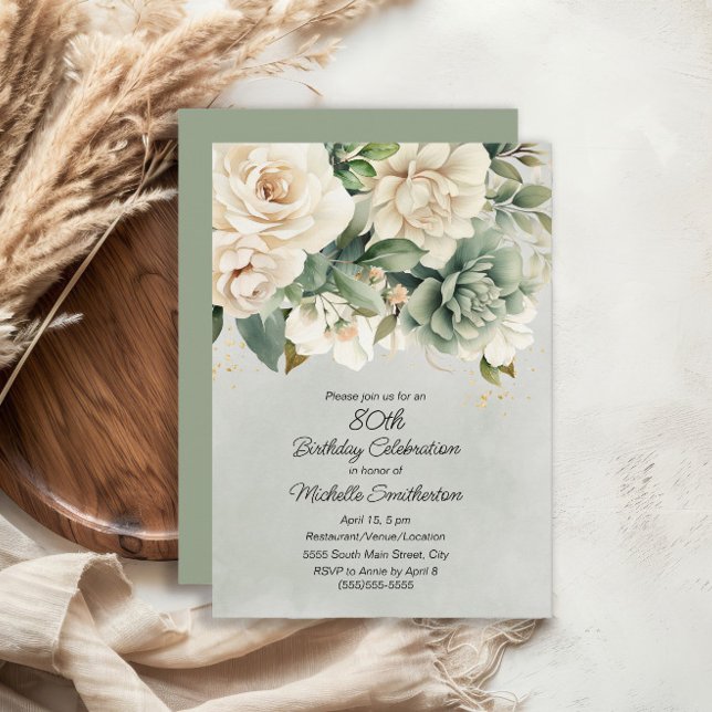 White Sage Green Floral Gold 80th Birthday Invitation (White floral on sage green 80th birthday party invitation)
