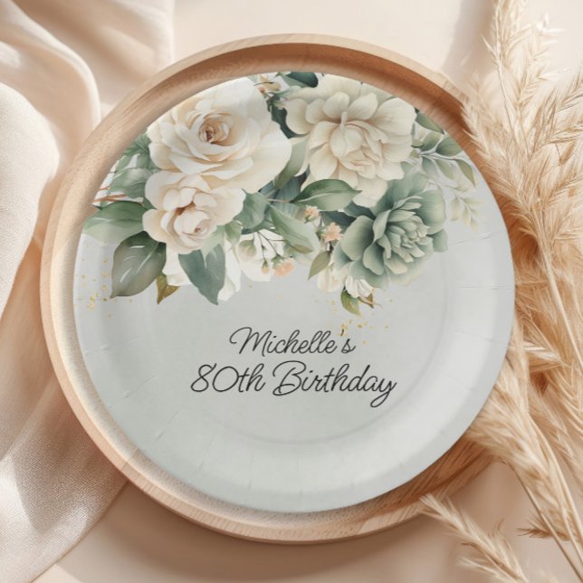 White Sage Green Floral Gold 80th Birthday Paper Plate (White and sage green floral birthday party paper plates)