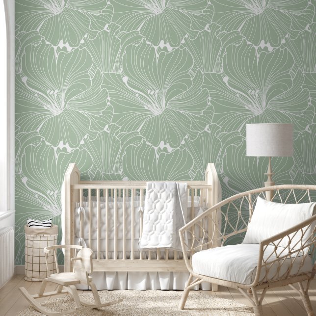White sage-green floral tile pattern wallpaper (Kids)