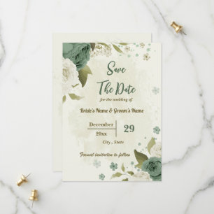 white & sage green flowers botanical wedding save the date