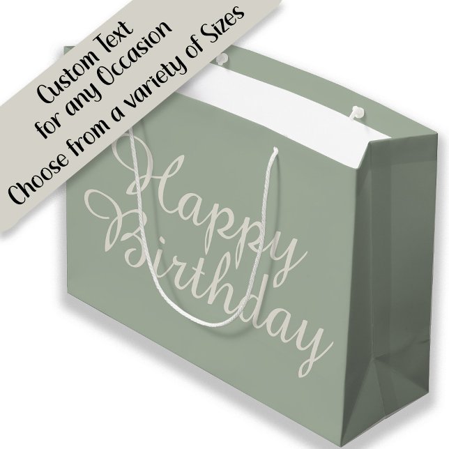White Sage Green Happy Birthday Gift Large Gift Bag (Sage green and cream birthday party gift bag)