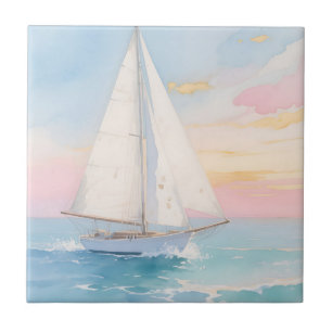 White Sailboat Ocean Glow Tile