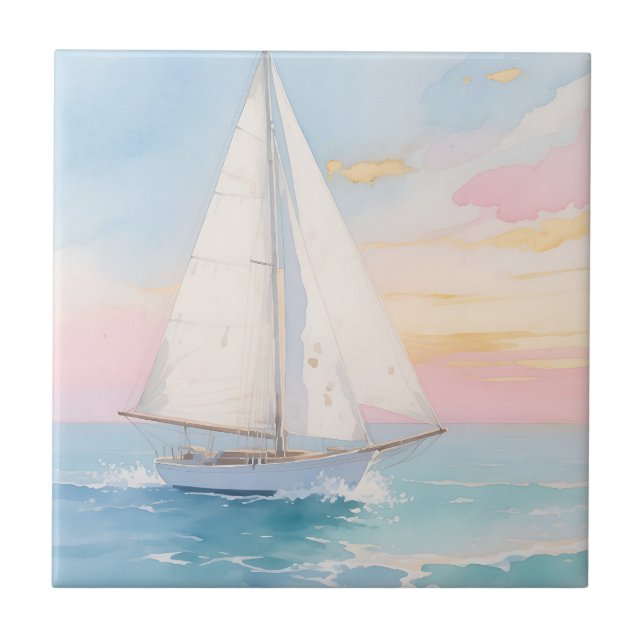 White Sailboat Ocean Glow Tile (Front)
