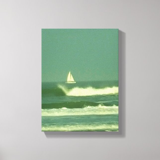 White Sailboat on Green Ocean Water Canvas Print (Front)