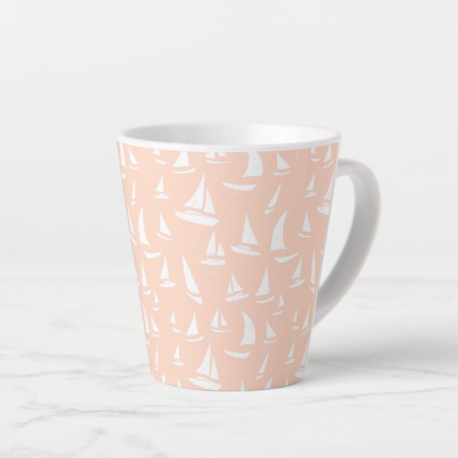 White Sailing Boats and Seabirds on Pastel Pink Latte Mug (Right Angle)