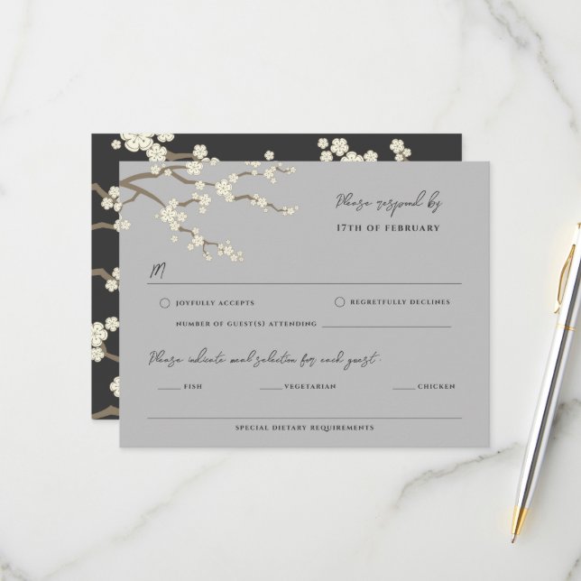 White Sakura Cherry Blossom Wedding RSVP Card (Front/Back In Situ)