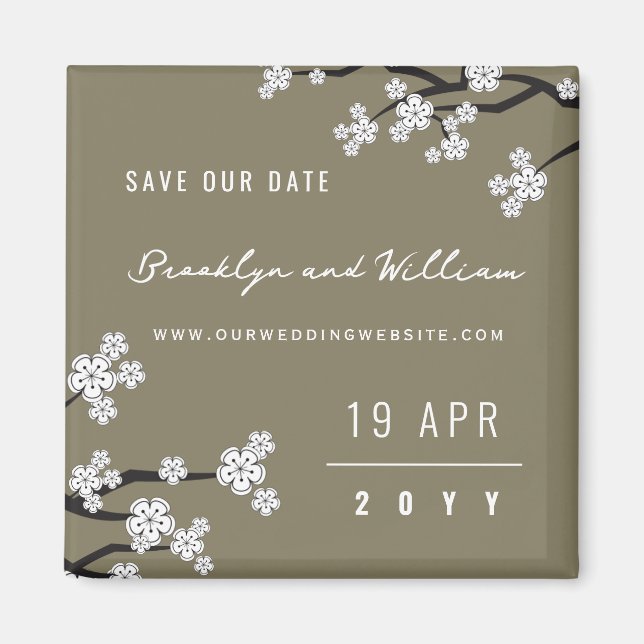 White Sakura Cherry Blossoms Asian Save The Date Magnet (Front)
