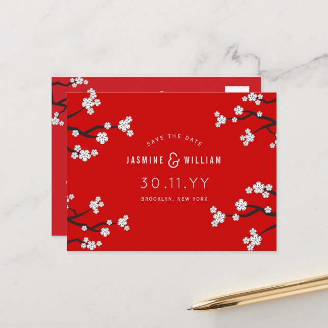 White Sakura Cherry Blossoms Save The Date Wedding Announcement Postcard (Front/Back In Situ)