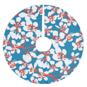 White sakura, classic blue background pattern. brushed polyester tree skirt