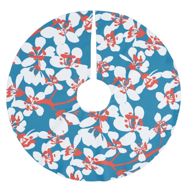 White sakura, classic blue background pattern. brushed polyester tree skirt (Front)