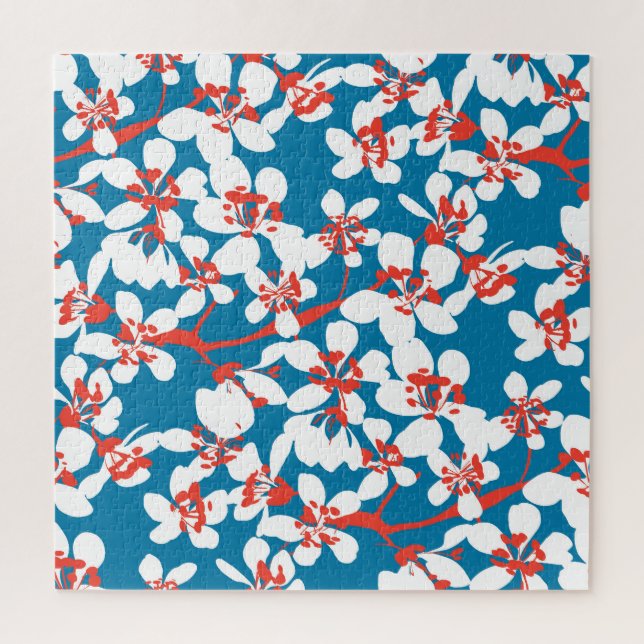 White sakura, classic blue background pattern. jigsaw puzzle (Vertical)