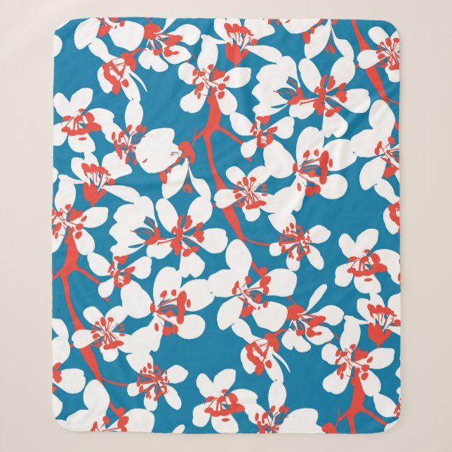 White sakura, classic blue background pattern. sherpa blanket (Front)