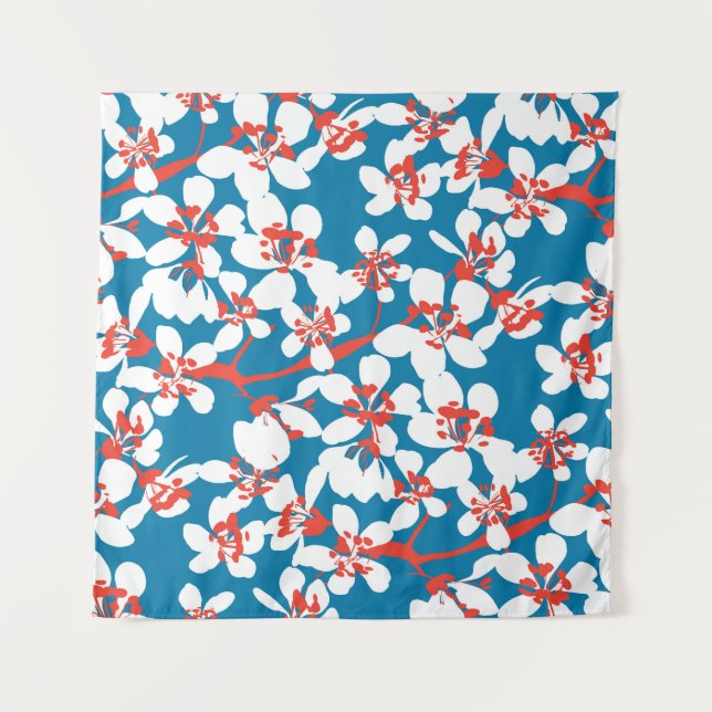 White sakura, classic blue background pattern. tapestry (Front)
