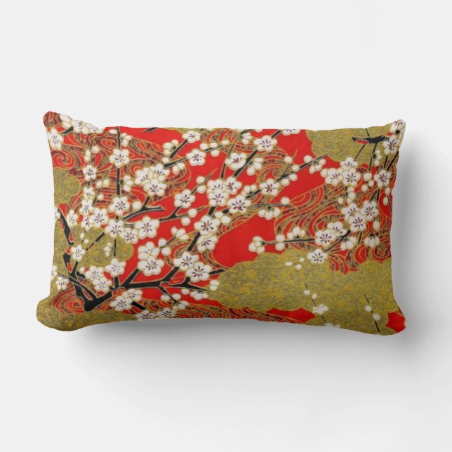 White Sakura Fine Vintage Japanese Pattern Lumbar Cushion (Front)