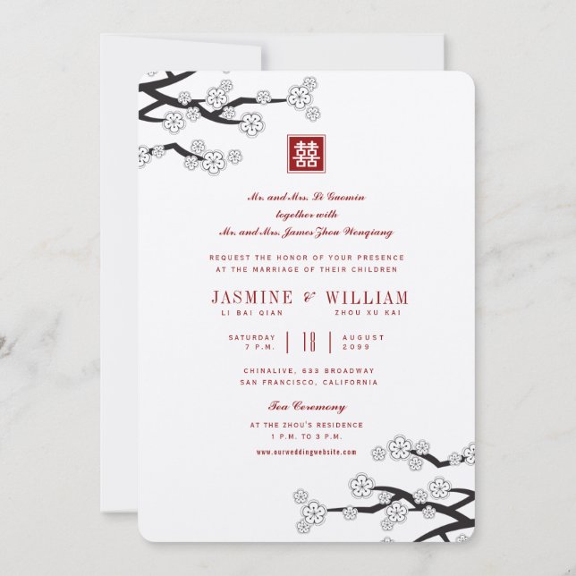 White Sakura Red Double Happiness Chinese Wedding Invitation (Back)
