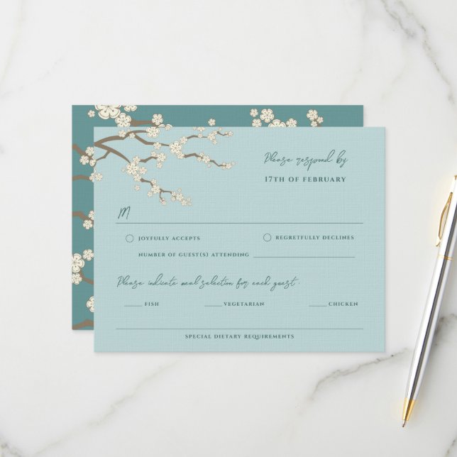 White Sakura Zen Cherry Blossoms Asian Wedding RSVP Card (Front/Back In Situ)