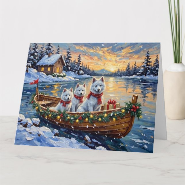 White Samoyed Christmas Boat Holiday Card (Front)
