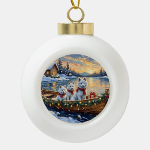 White Samoyed Christmas Boat Holiday Ceramic Ball Christmas Ornament