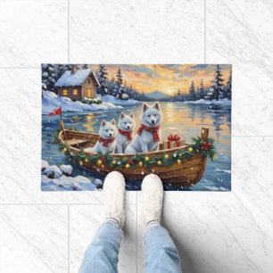 White Samoyed Christmas Boat Holiday Doormat