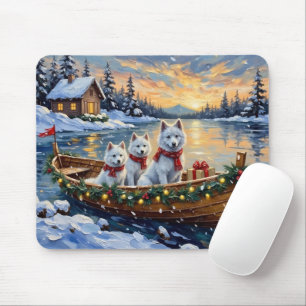 White Samoyed Christmas Boat Holiday Mouse Pad